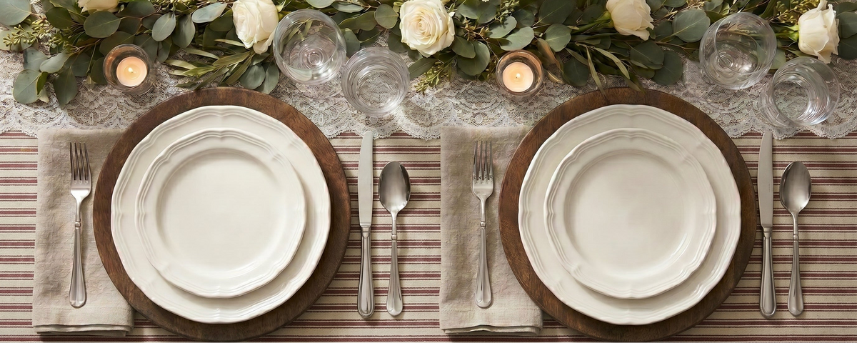 Two elegant place settings with white plates on wooden chargers, striped table runner, linen napkins, silverware, greenery and candles.