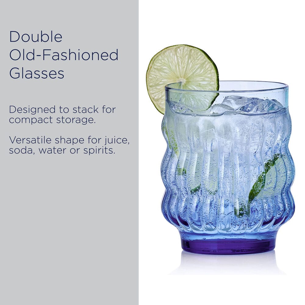 Waves Blue Set of 4 Stackable Double Old Fashioned Glasses