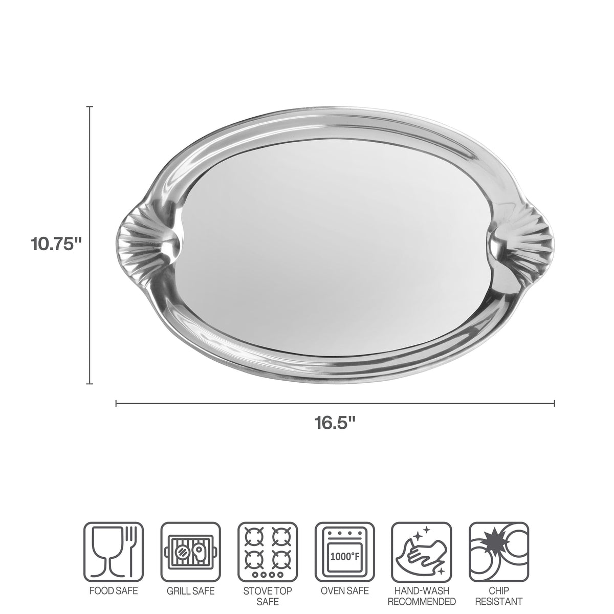 Close up of scallop handle oval silver tray edge with 16 5 inch length