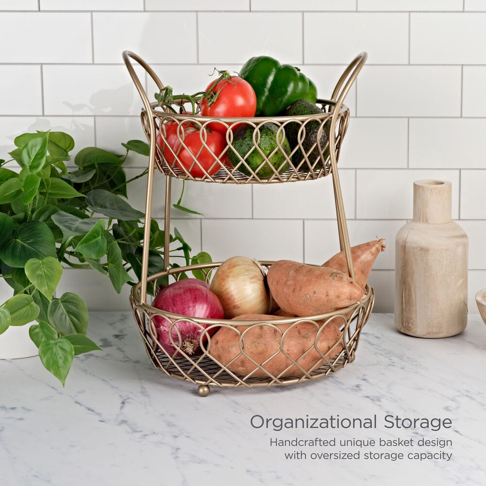 Loop and Lattice 2 Tier Matte Gold Countertop Fruit Storage Basket