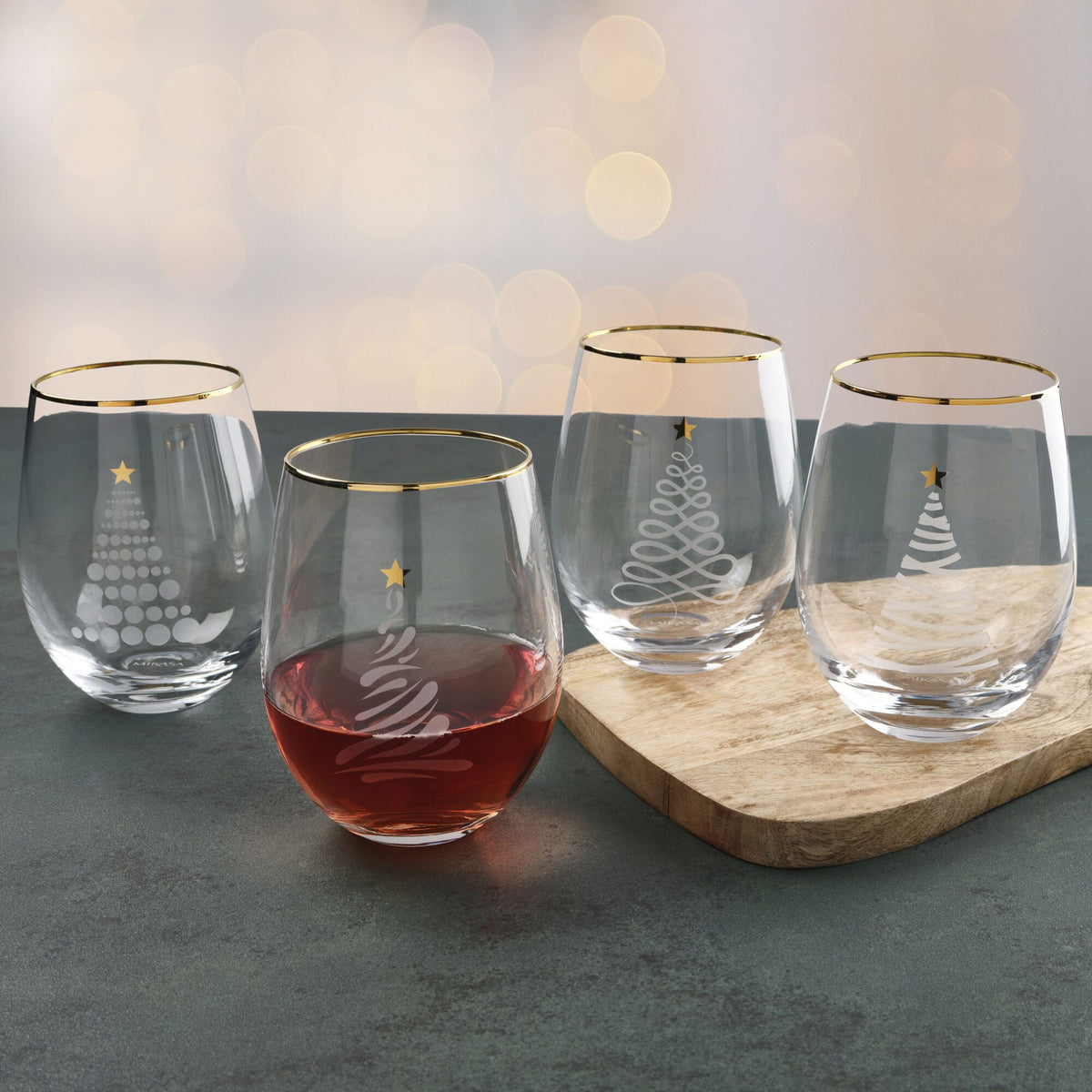 White Christmas Tree Set of 4 Gold Rim Stemless Wine Glasses