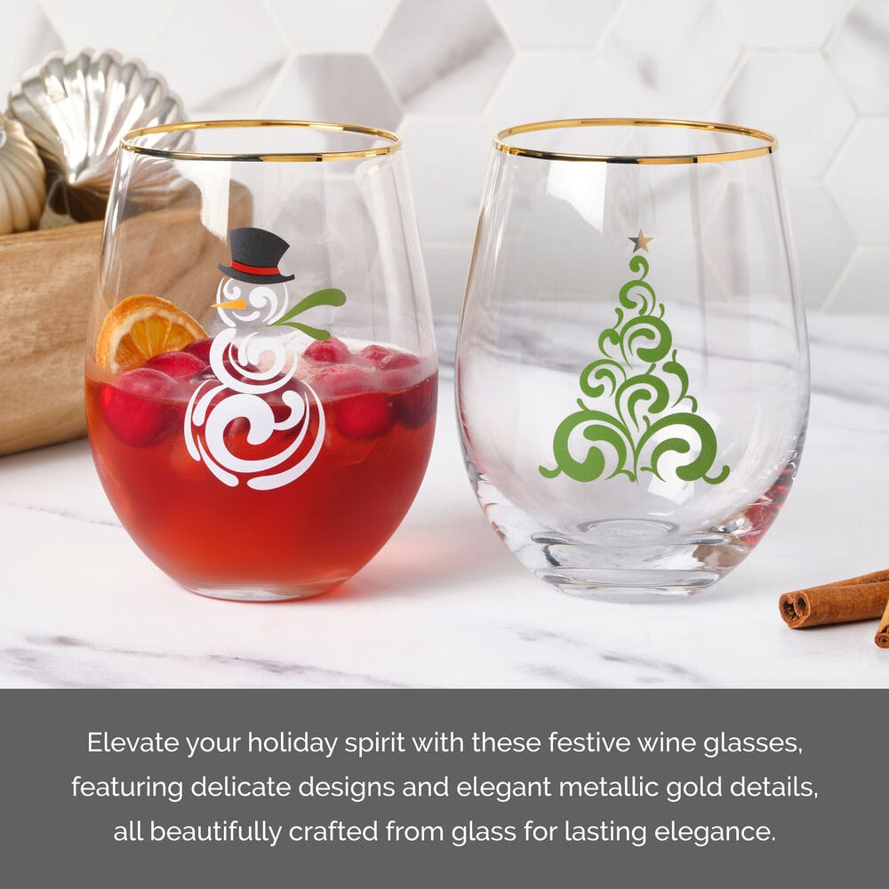 Stemless Gifts Tree and Snowman Stemless Wine Set of 2