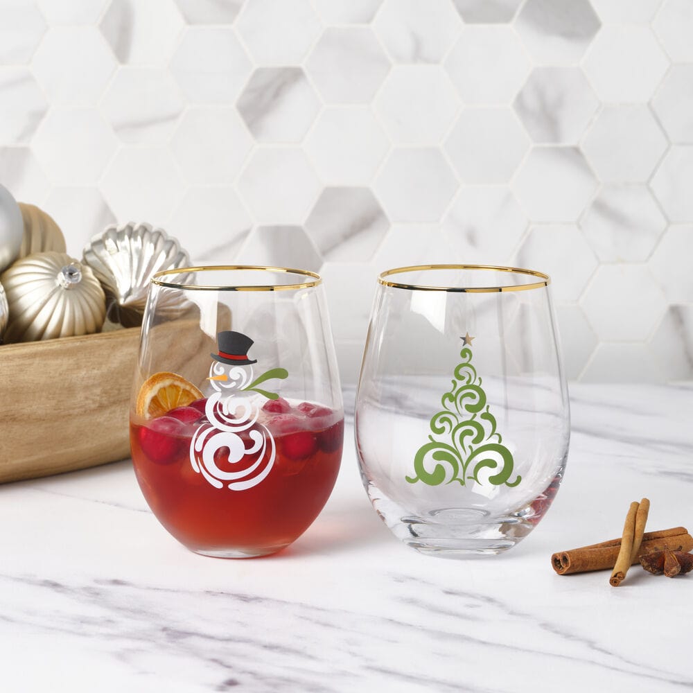 Stemless Gifts Tree and Snowman Stemless Wine Set of 2