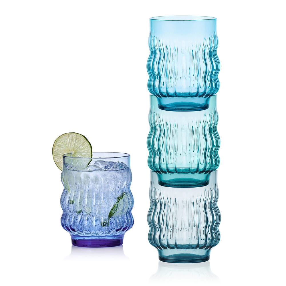 Waves Blue Set of 4 Stackable Double Old Fashioned Glasses