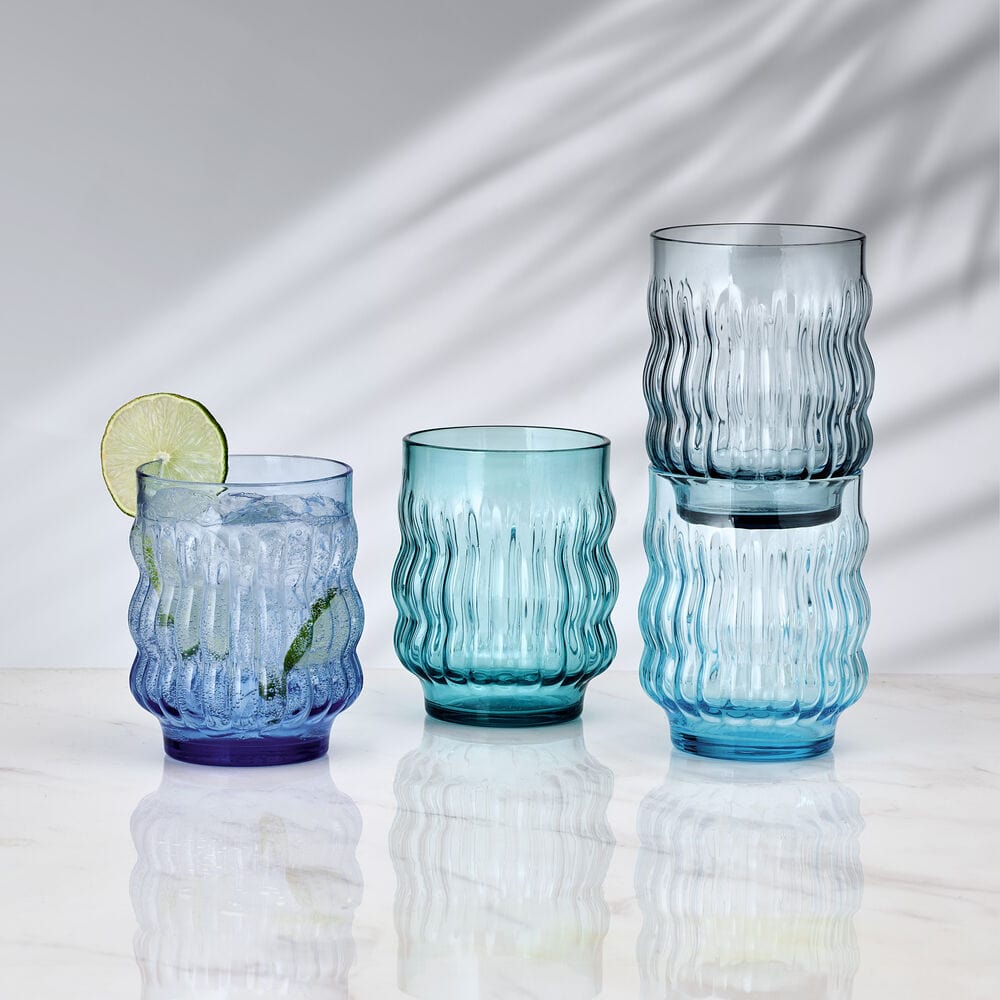 Waves Blue Set of 4 Stackable Double Old Fashioned Glasses