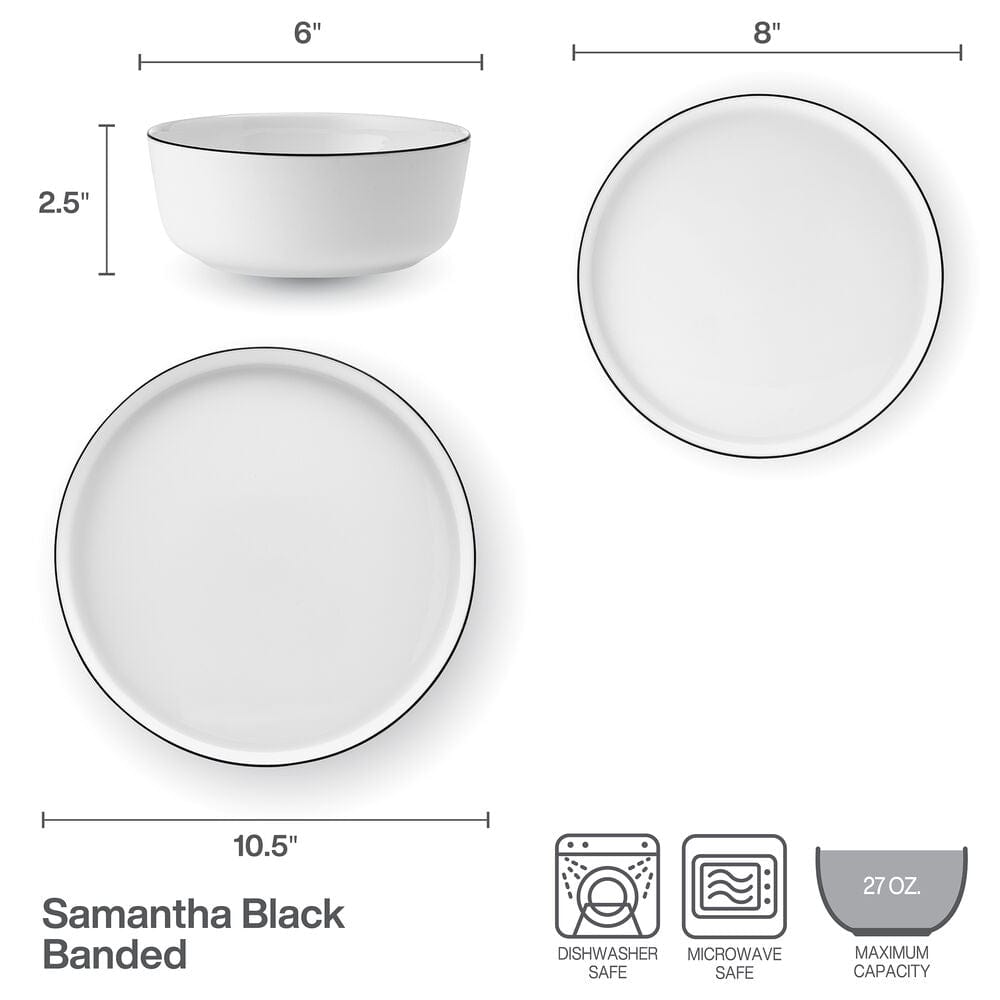 Samantha Banded Black 12 Piece Dinnerware Set, Service for 4