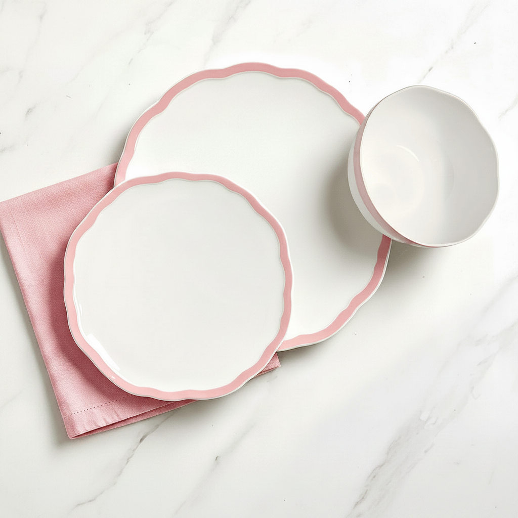 A set of white ceramic tableware with scalloped pink edges, including a large plate, a smaller plate, and a bowl, arranged on a white marble surface with a pink napkin and decorative pink flowers.
