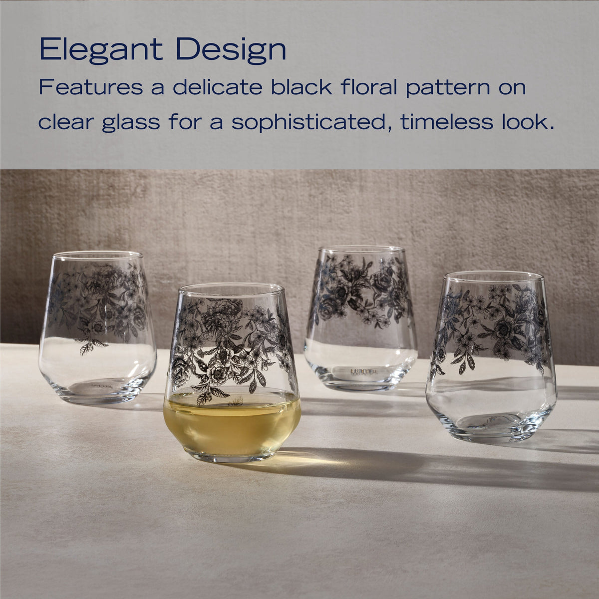 Windsor Rose Set of 4 Stemless Wine Glasses