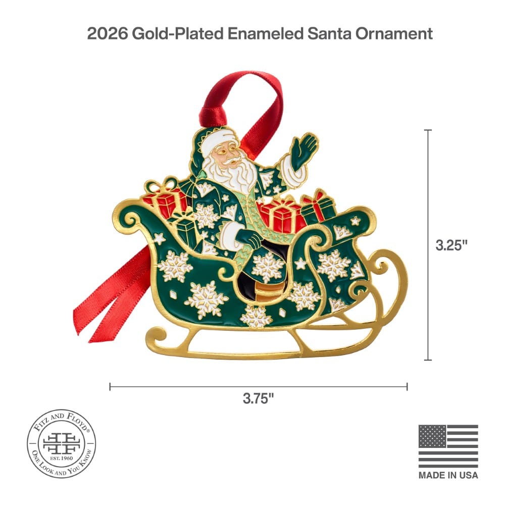Fitz & Floyd 2026 Gold Plated Enameled Santa Ornament
