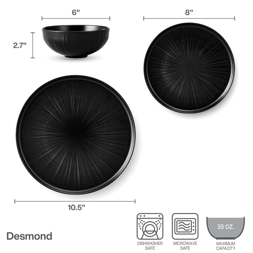 Desmond 12 Piece Black Bone China Dinnerware Set, Service for 4