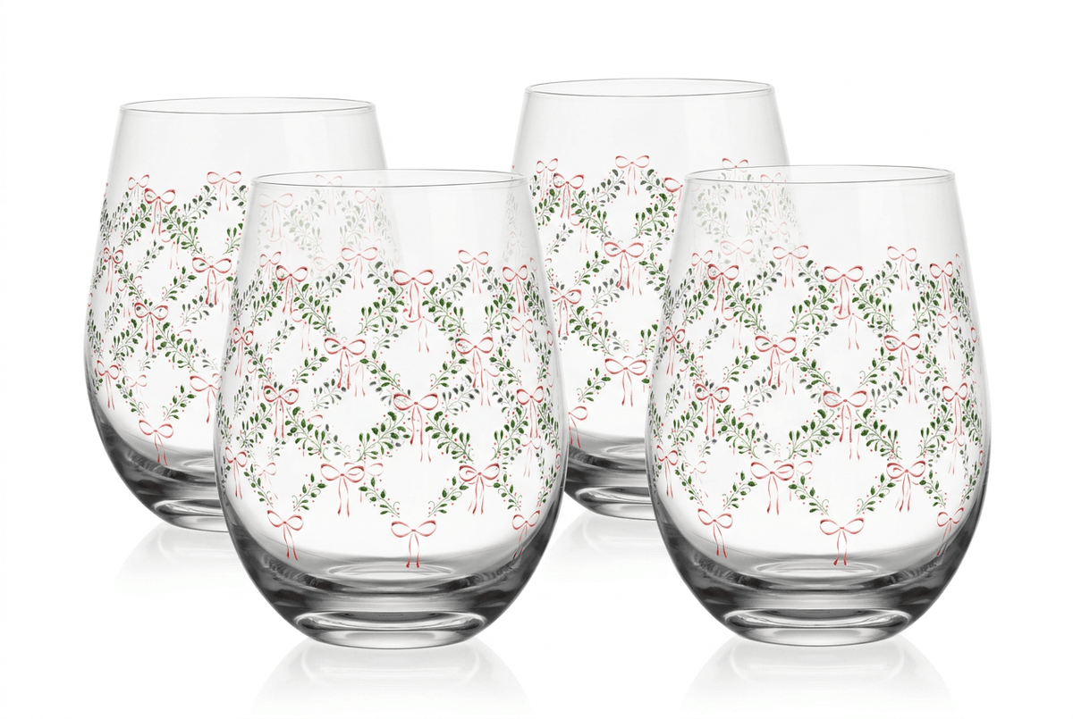 Holiday Bows Coquette Set of 4 Stemless Wine Glasses