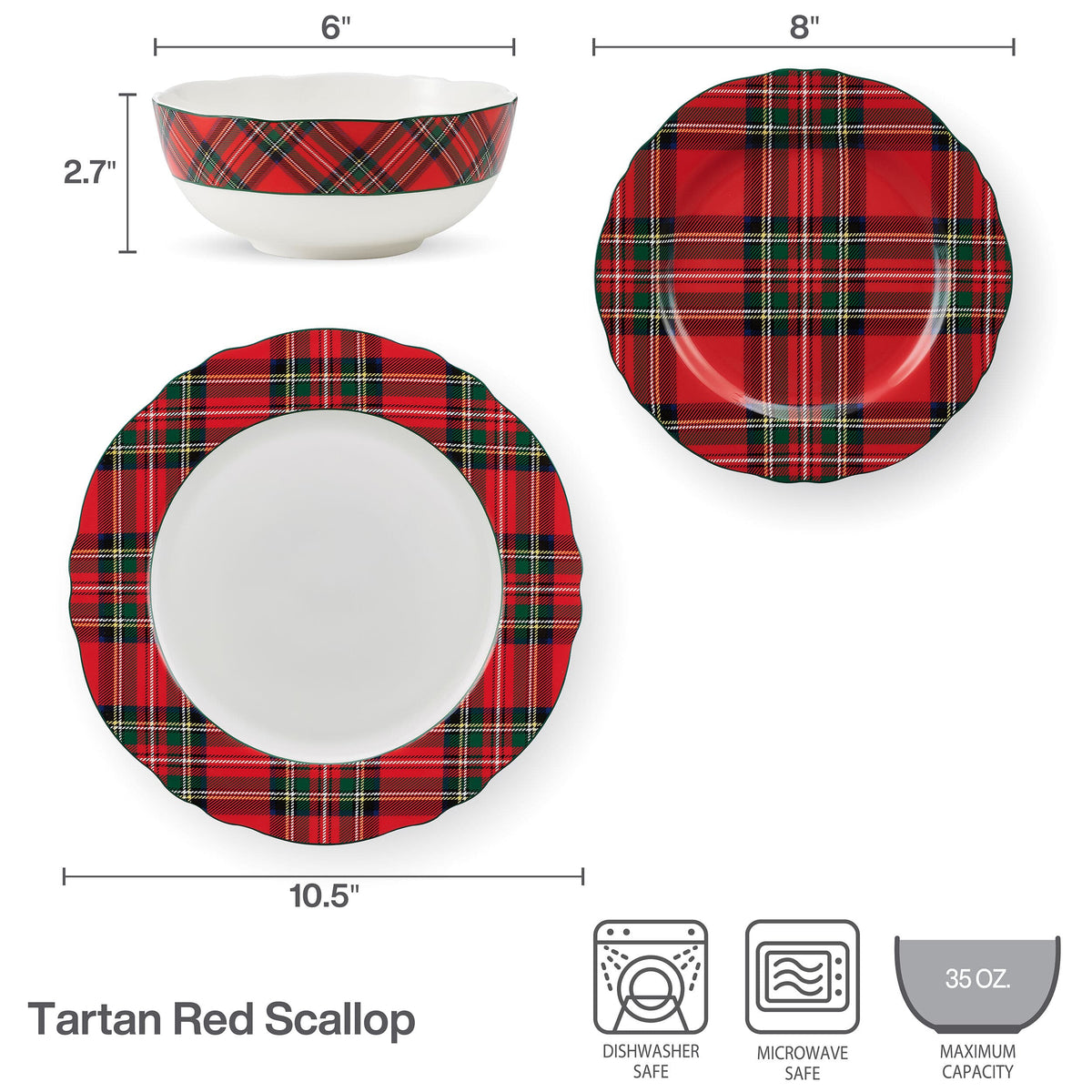 Tartan Red Scallop 12 Piece Dinnerware Set, Service for 4