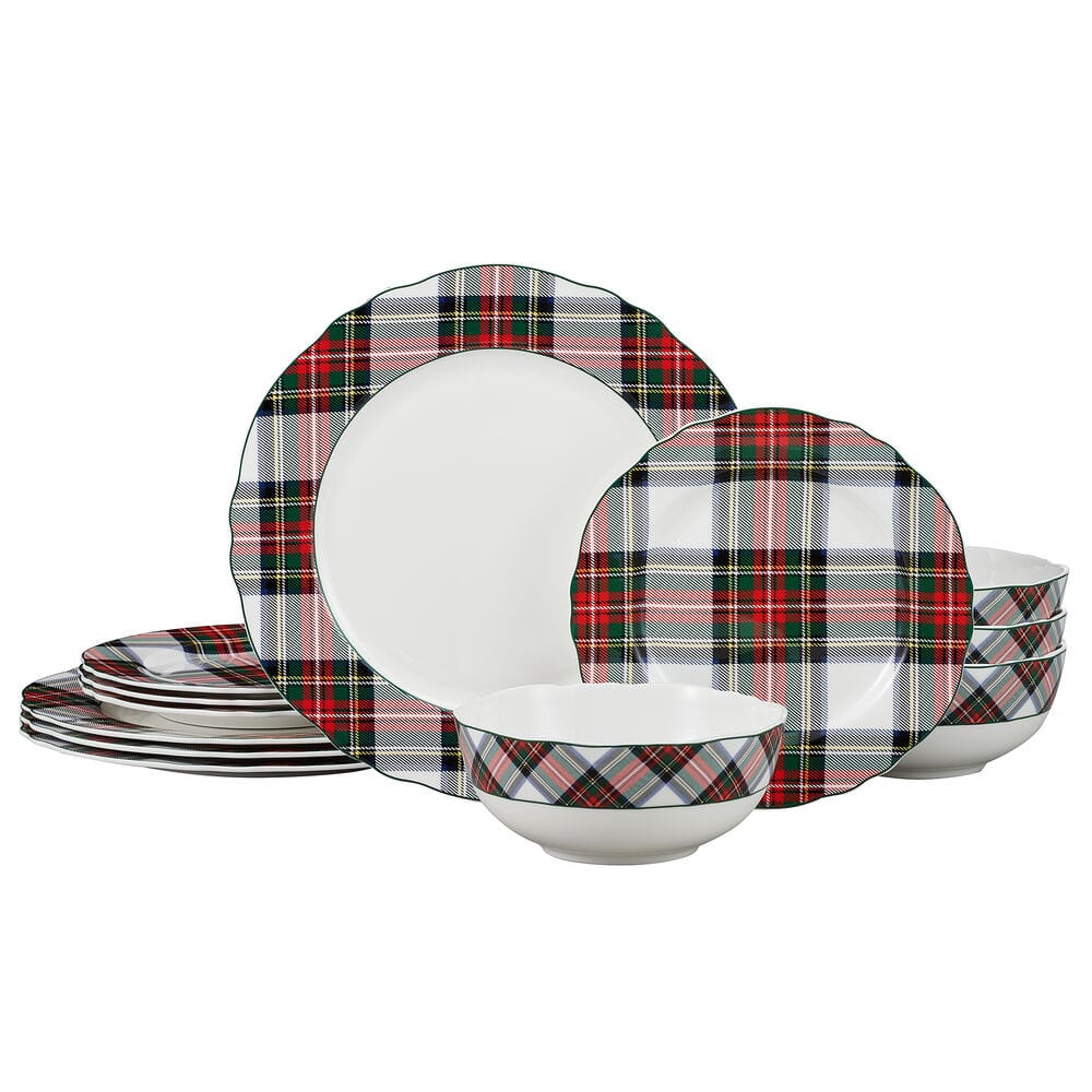 Tartan White Scalloped 12 Piece Dinnerware Set, Service for 4