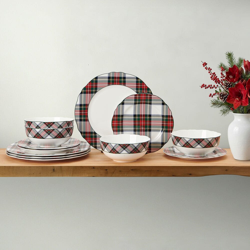 Tartan White Scalloped 12 Piece Dinnerware Set, Service for 4