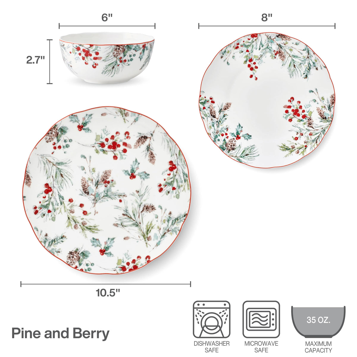 Pine and Berry 12 Piece Dinnerware Set, Service for 4