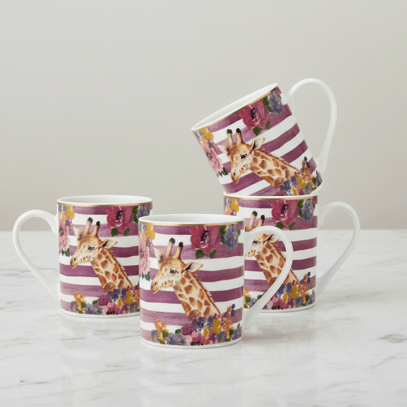 Wild at Heart Gold Banded Giraffe Set of 4 Mugs