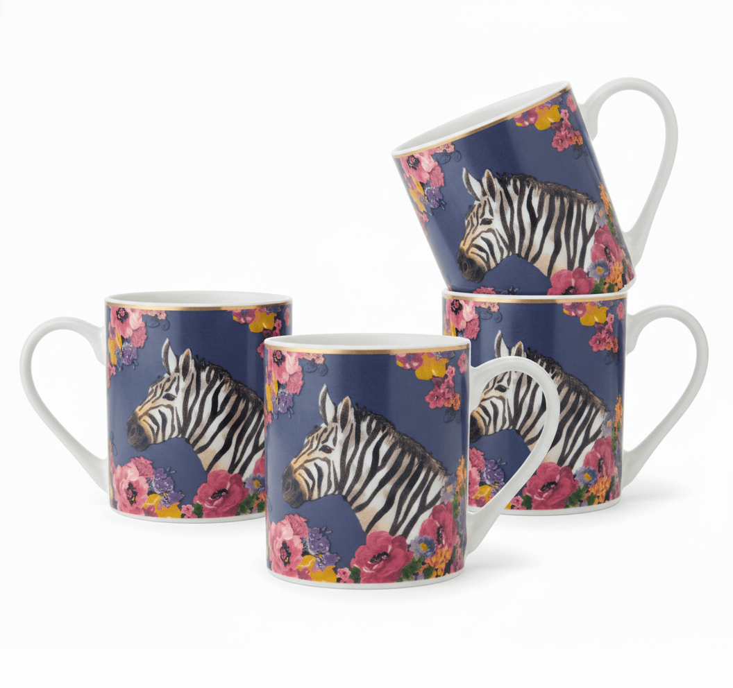 Wild at Heart Gold Banded Zebra Set of 4 Mugs