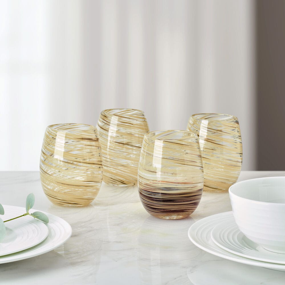 Color Swirl Honey Set of 4 Stemless Wine Glasses