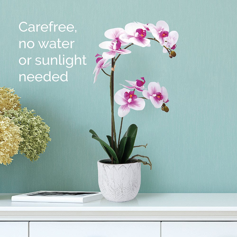 22 Inch Faux Orchid in White Leaf Pot, White and Fuchsia