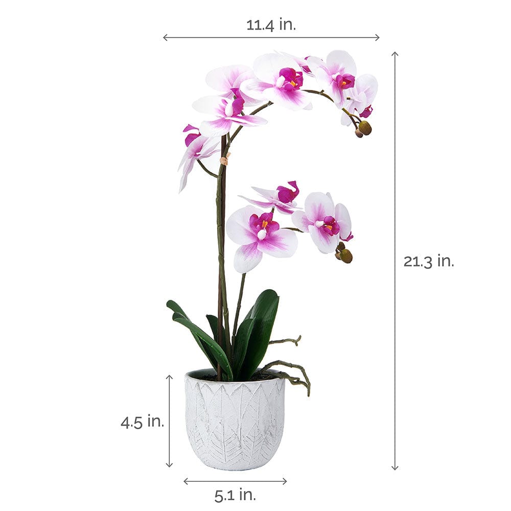 22 Inch Faux Orchid in White Leaf Pot, White and Fuchsia