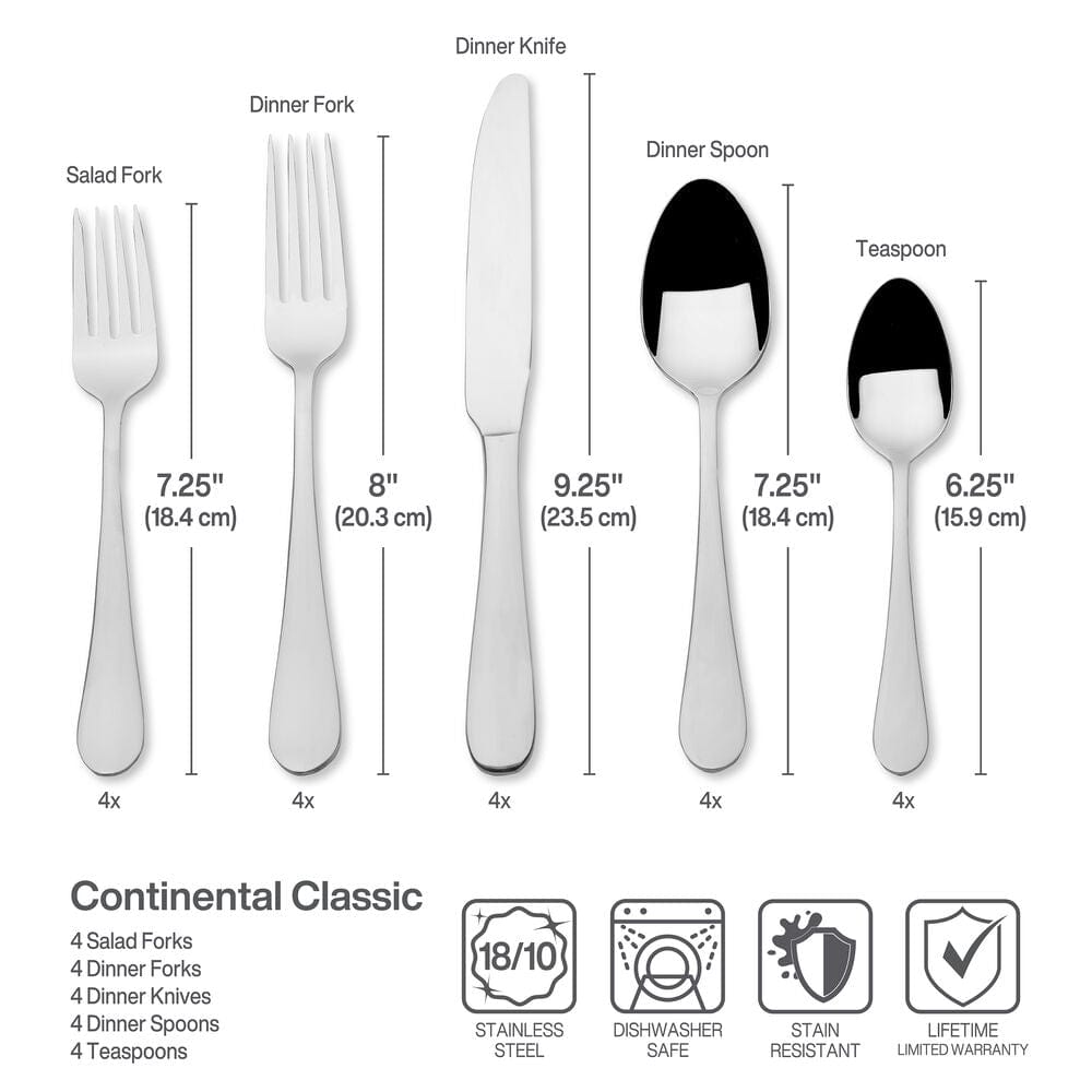 Continental Classic 20 Piece Flatware Set, Service for 4