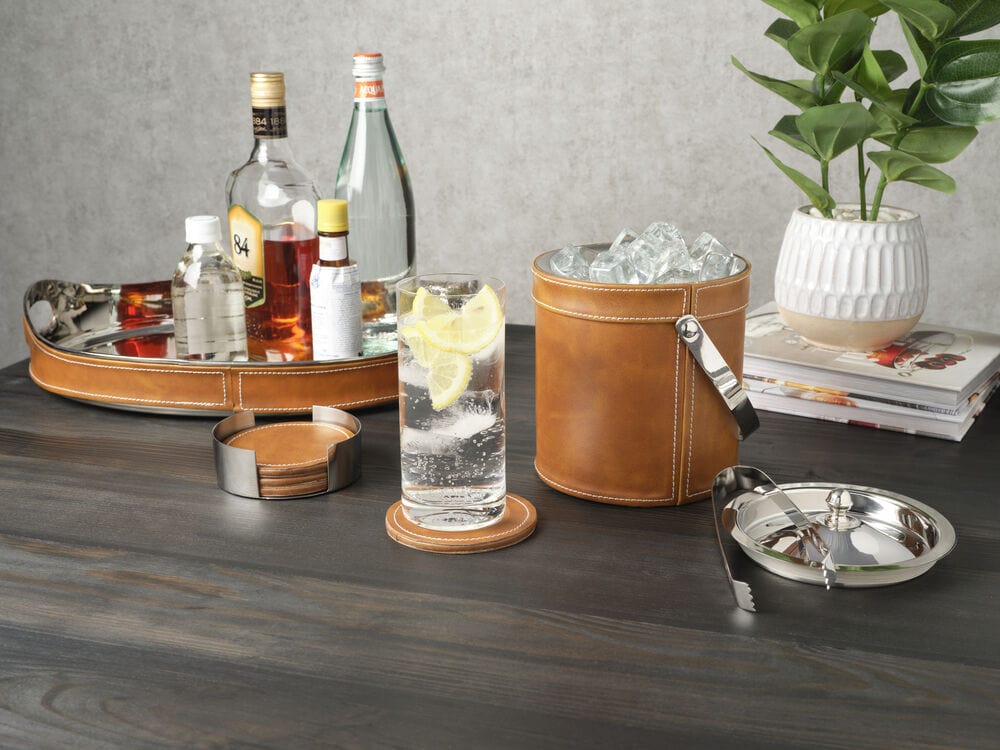 Faux Leather Stitched Ice Bucket with Tongs