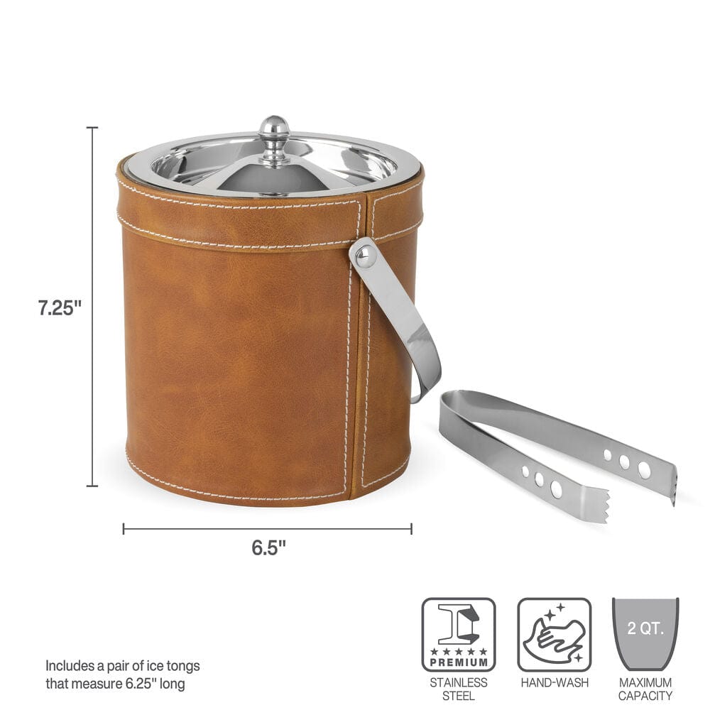 Faux Leather Stitched Ice Bucket with Tongs