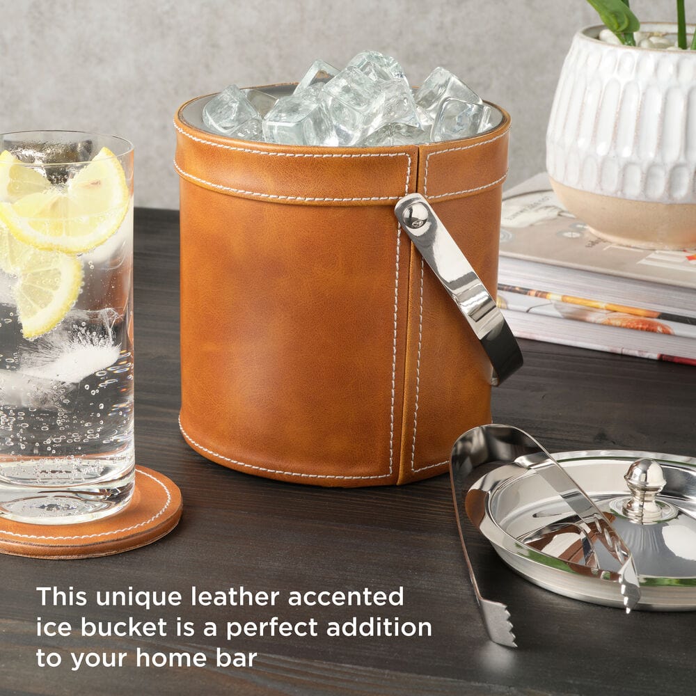 Faux Leather Stitched Ice Bucket with Tongs