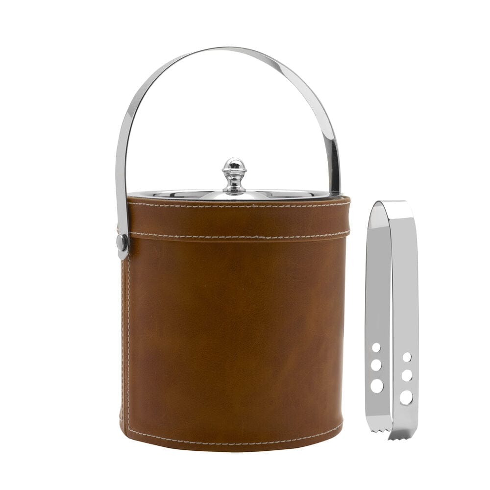 Faux Leather Stitched Ice Bucket with Tongs