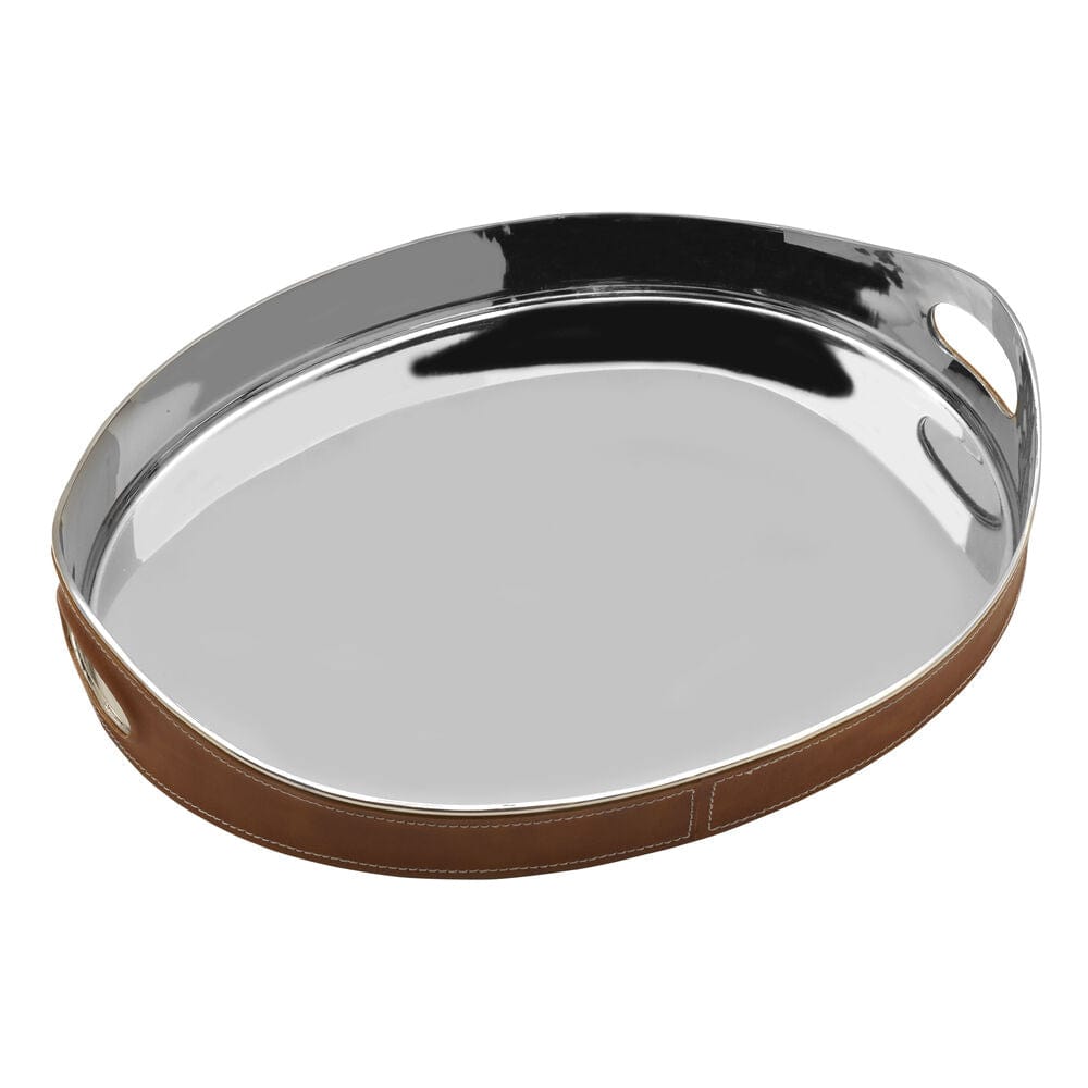 Faux Leather Stitched Oval Serving Bar Tray