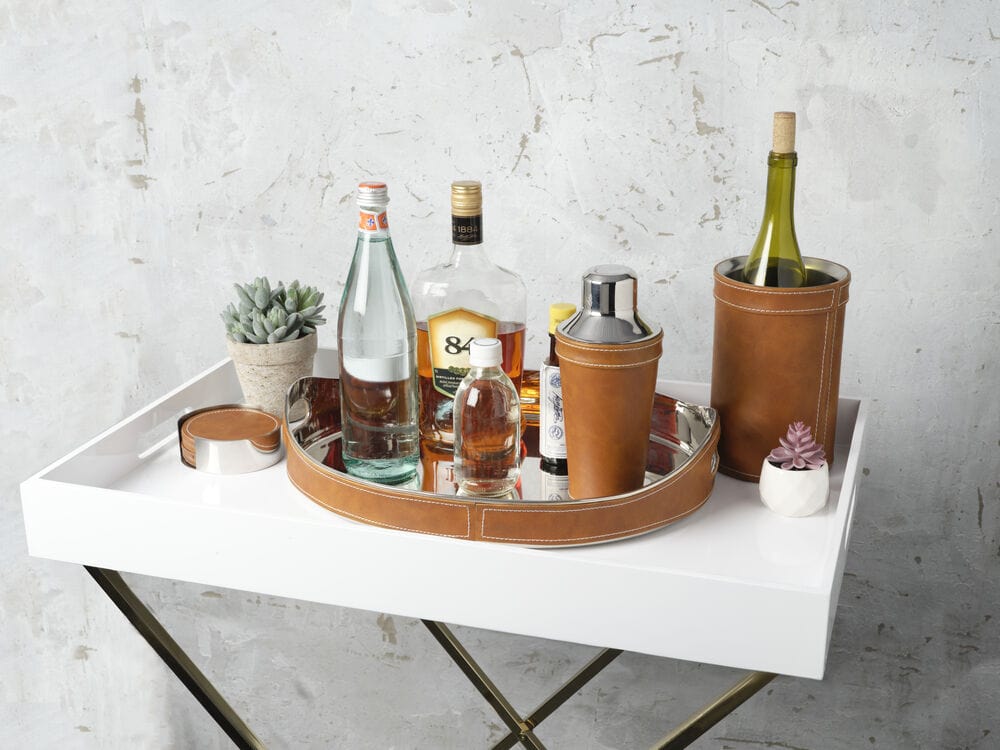 Faux Leather Stitched Oval Serving Bar Tray