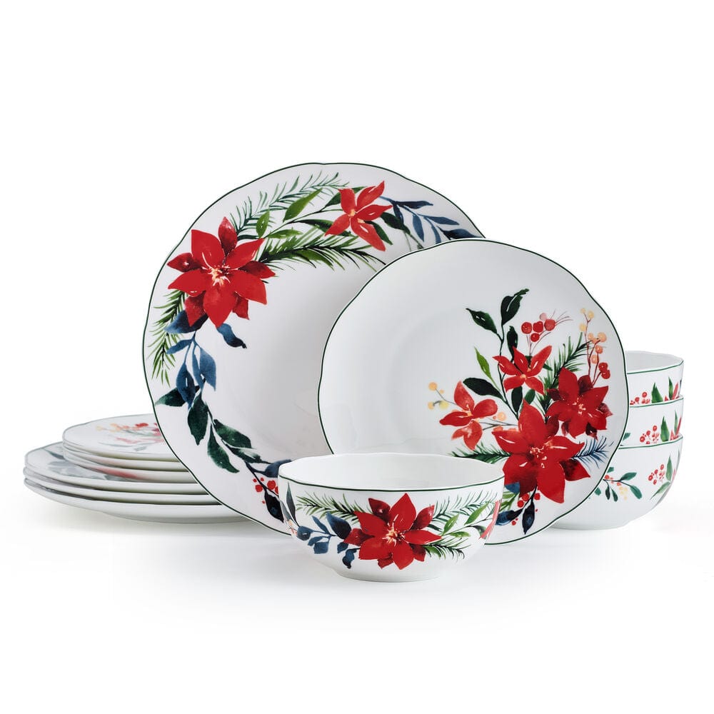 Merry Poinsettia 12 Piece Dinnerware Set, Service For 4