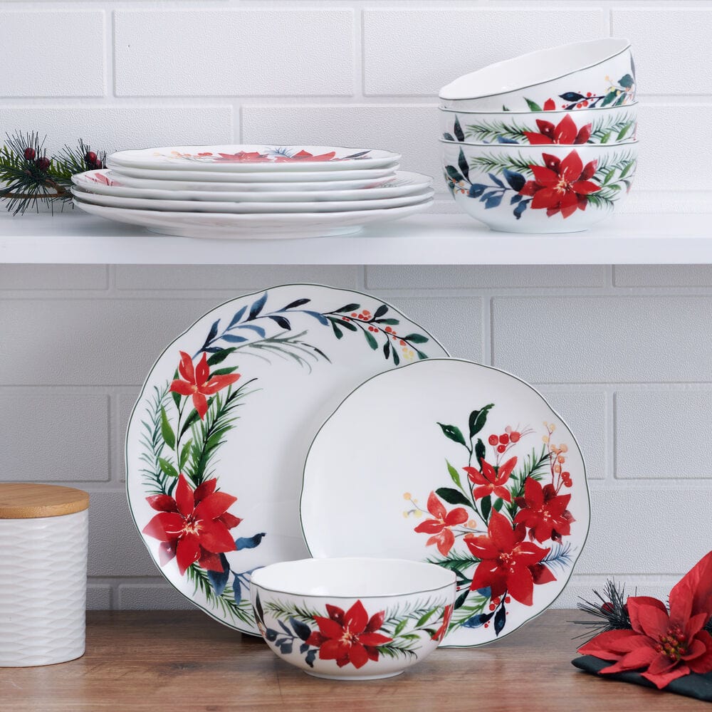 Merry Poinsettia 12 Piece Dinnerware Set, Service For 4