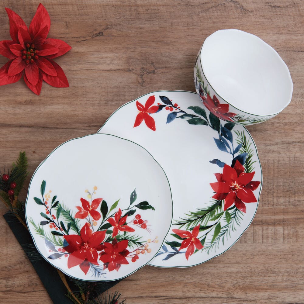 Merry Poinsettia 12 Piece Dinnerware Set, Service For 4