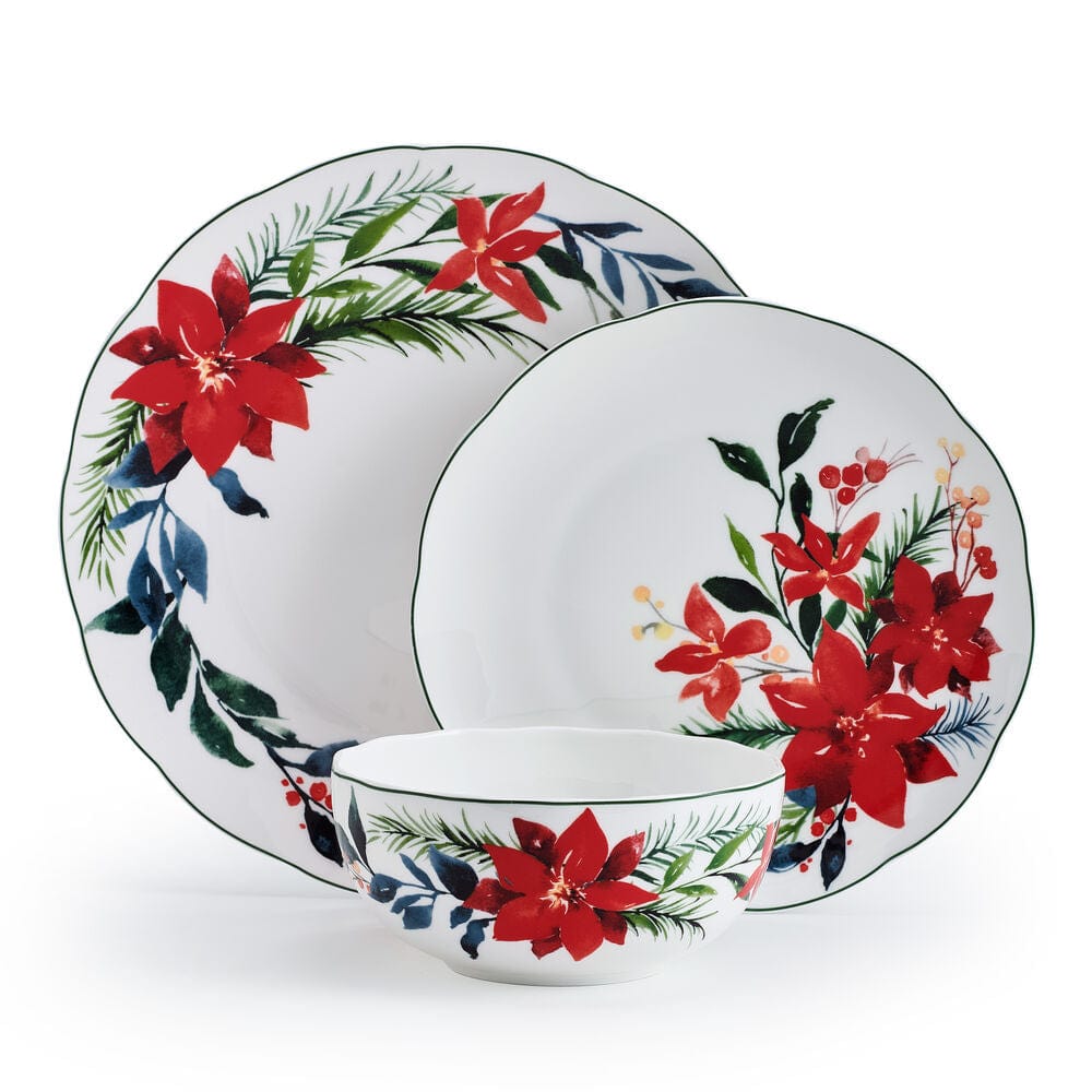 Merry Poinsettia 12 Piece Dinnerware Set, Service For 4