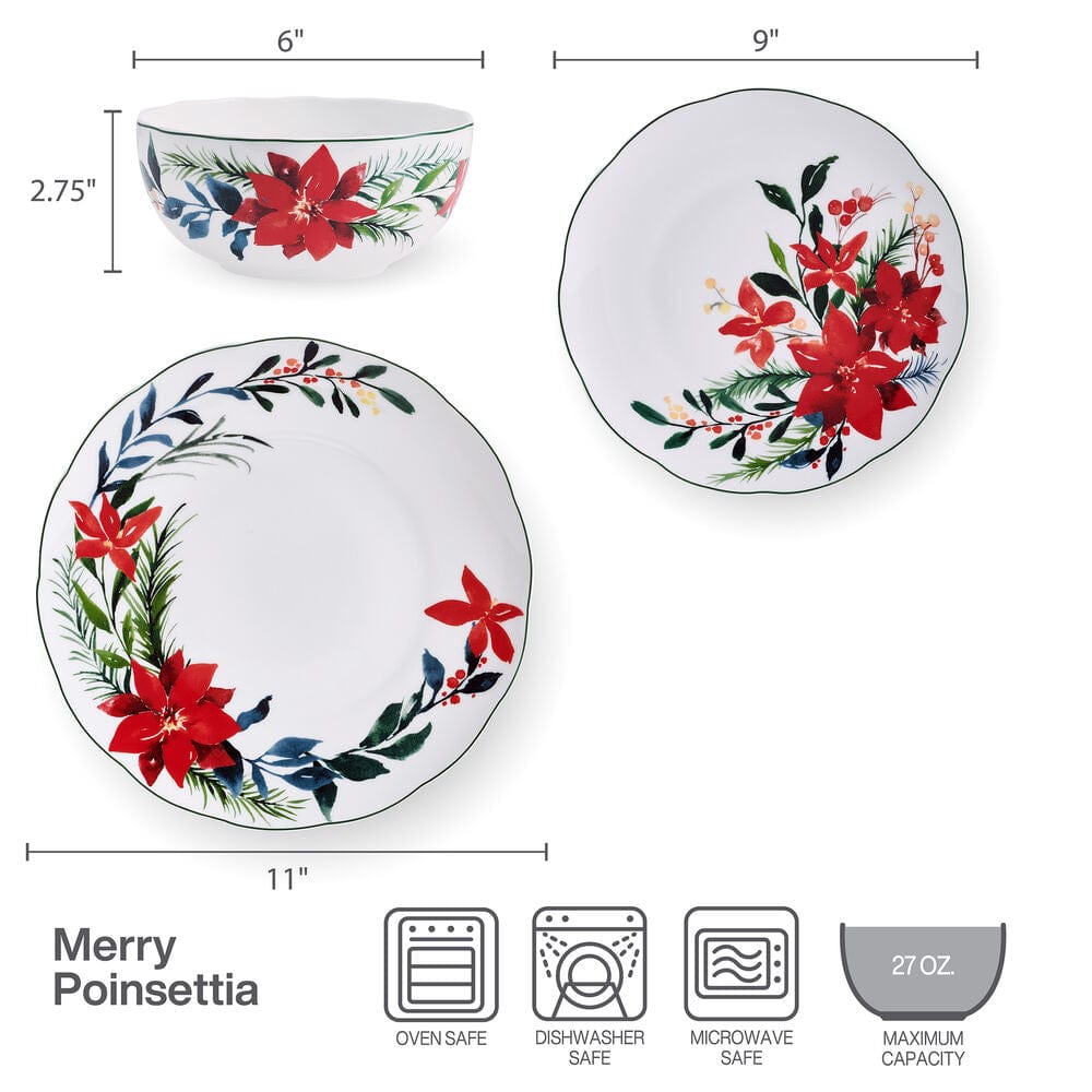 Merry Poinsettia 12 Piece Dinnerware Set, Service For 4