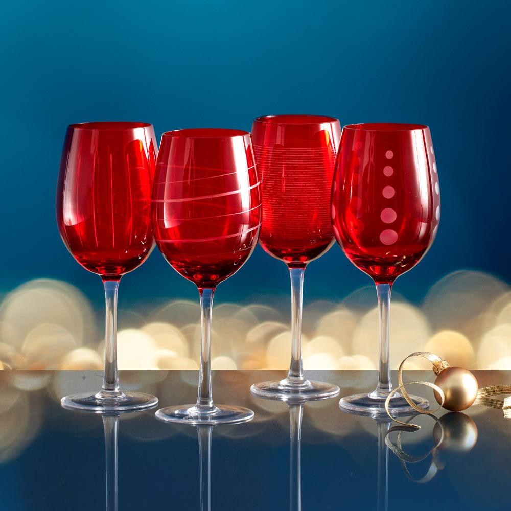 Crystal Christmas Holiday Red Colored Crystal Wine Glass Set of 2