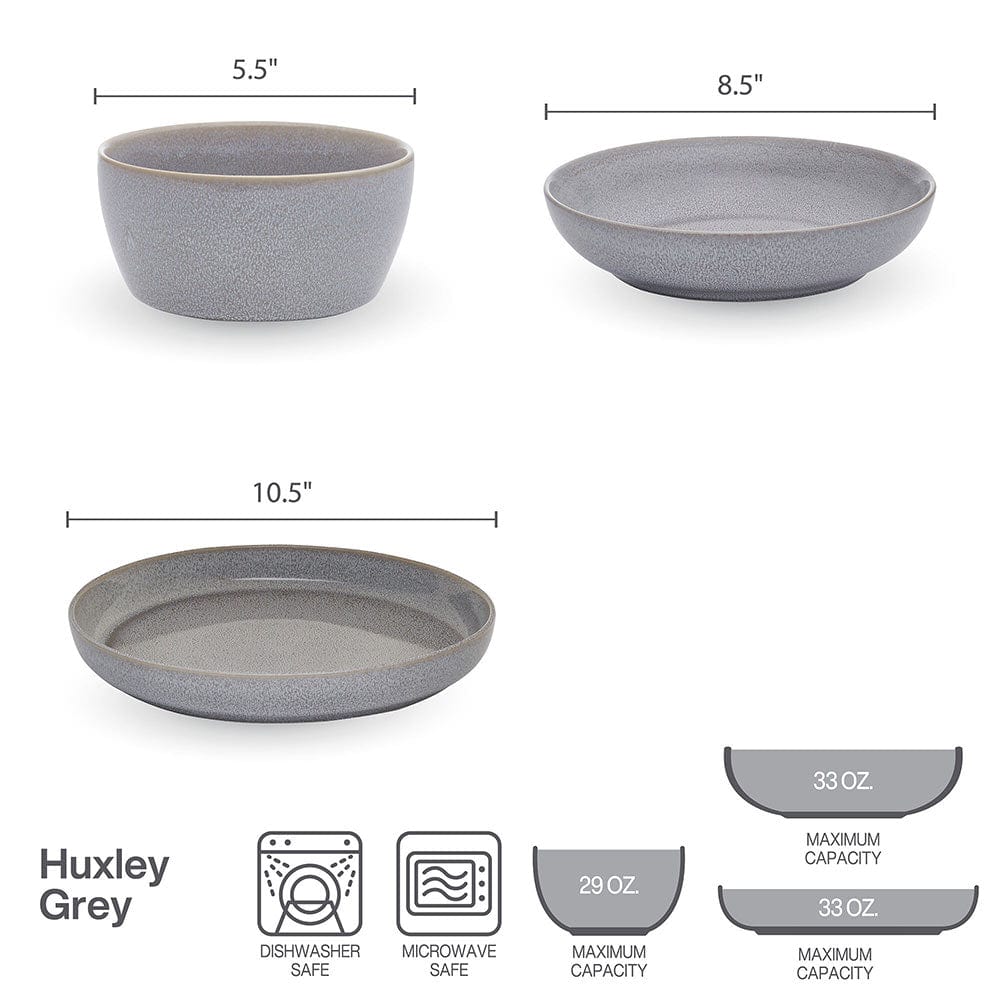 Huxley Grey 9 Piece Dinnerware Bowl Set, Service for 3