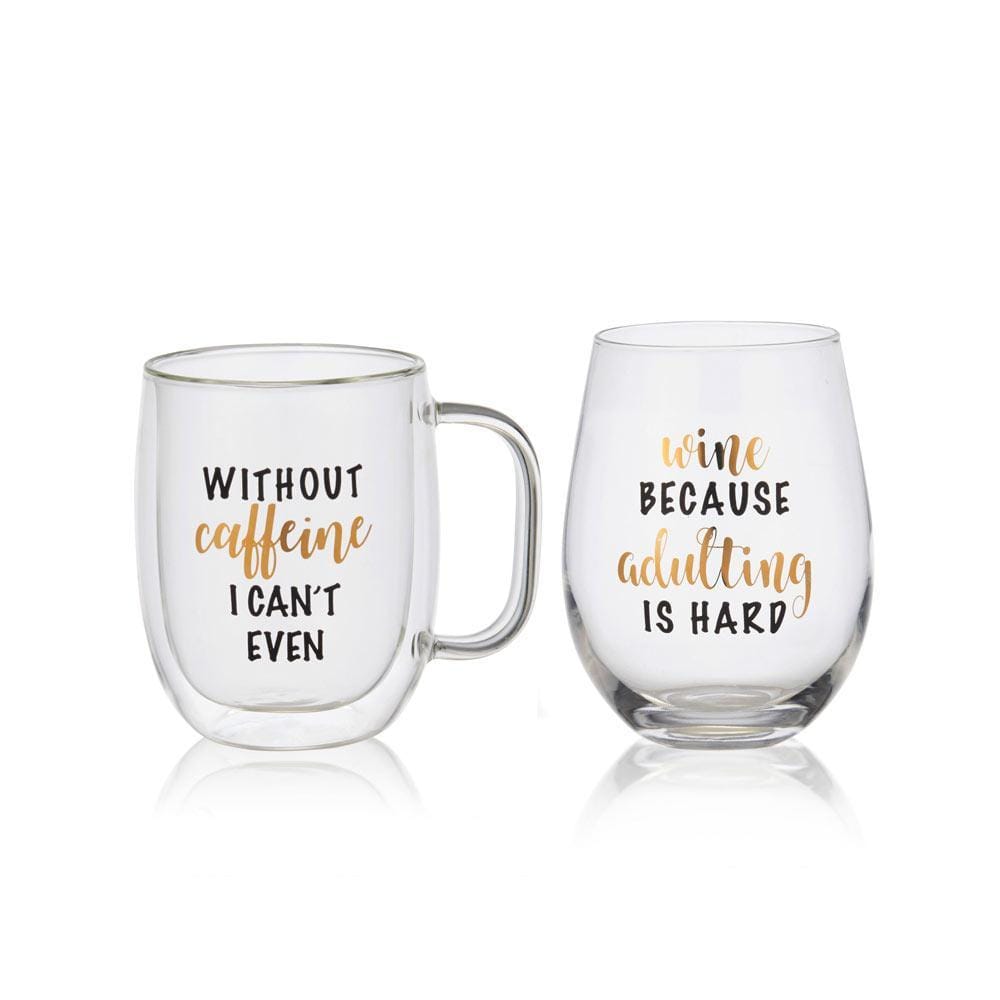 Double Wall Mug and Stemless Wine Glass Set of 2, Caffeine Wine Sentiment