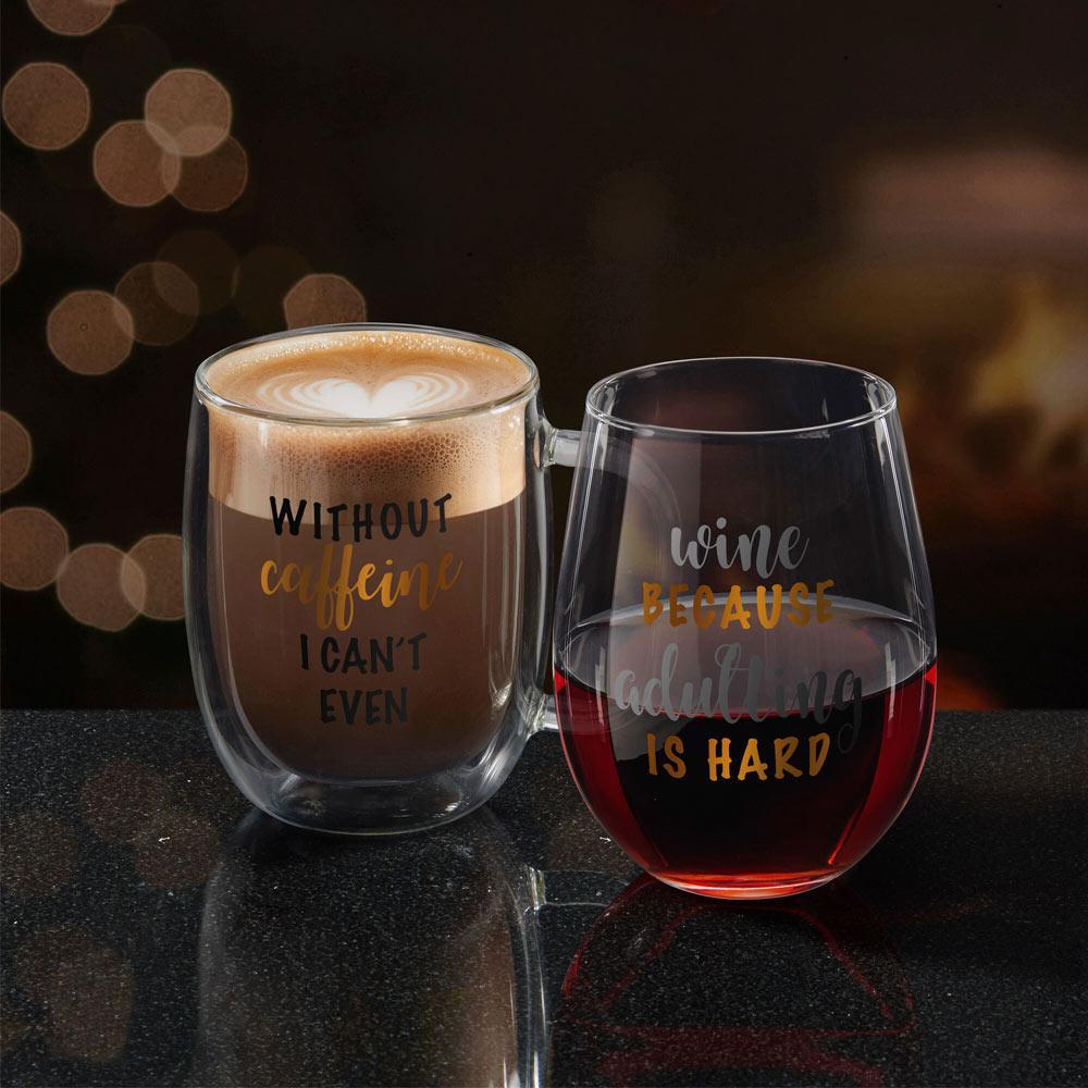 Double Wall Mug and Stemless Wine Glass Set of 2, Caffeine Wine Sentiment