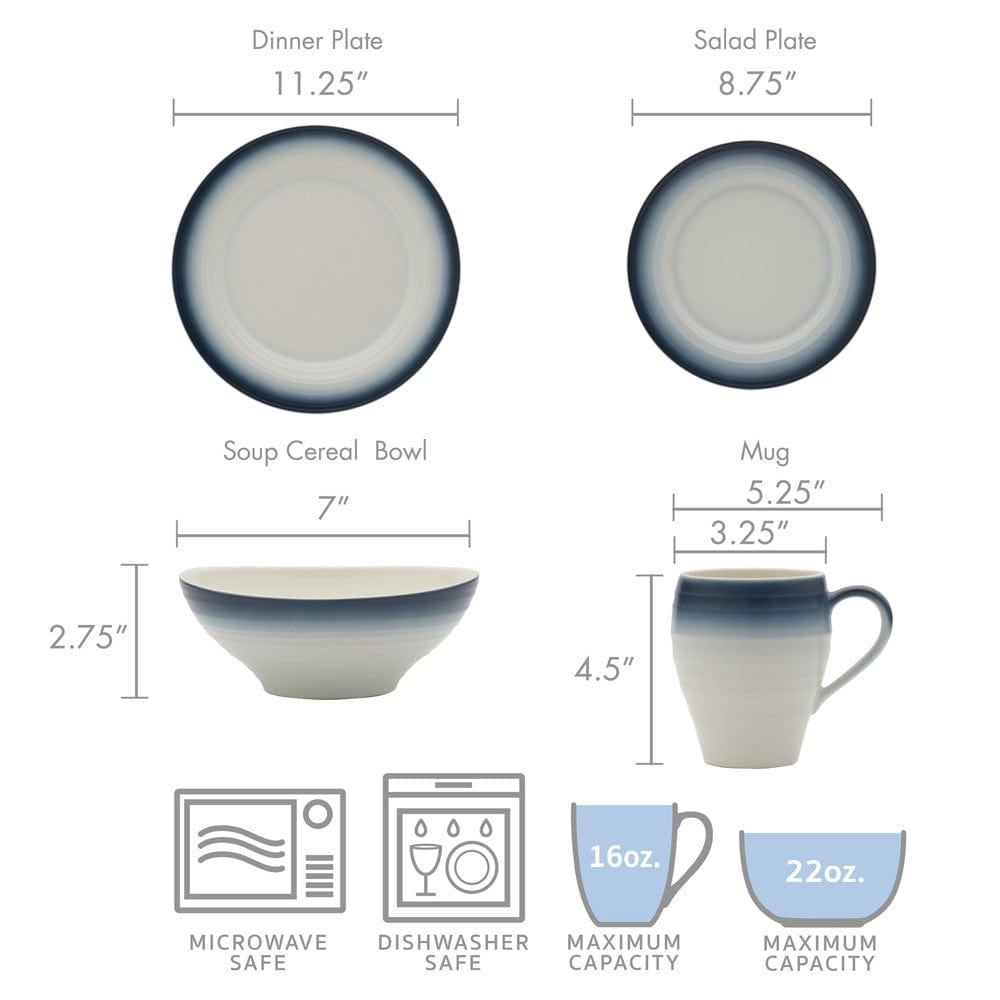 Swirl Ombre Blue 16 Piece Dinnerware Set, Service for 4