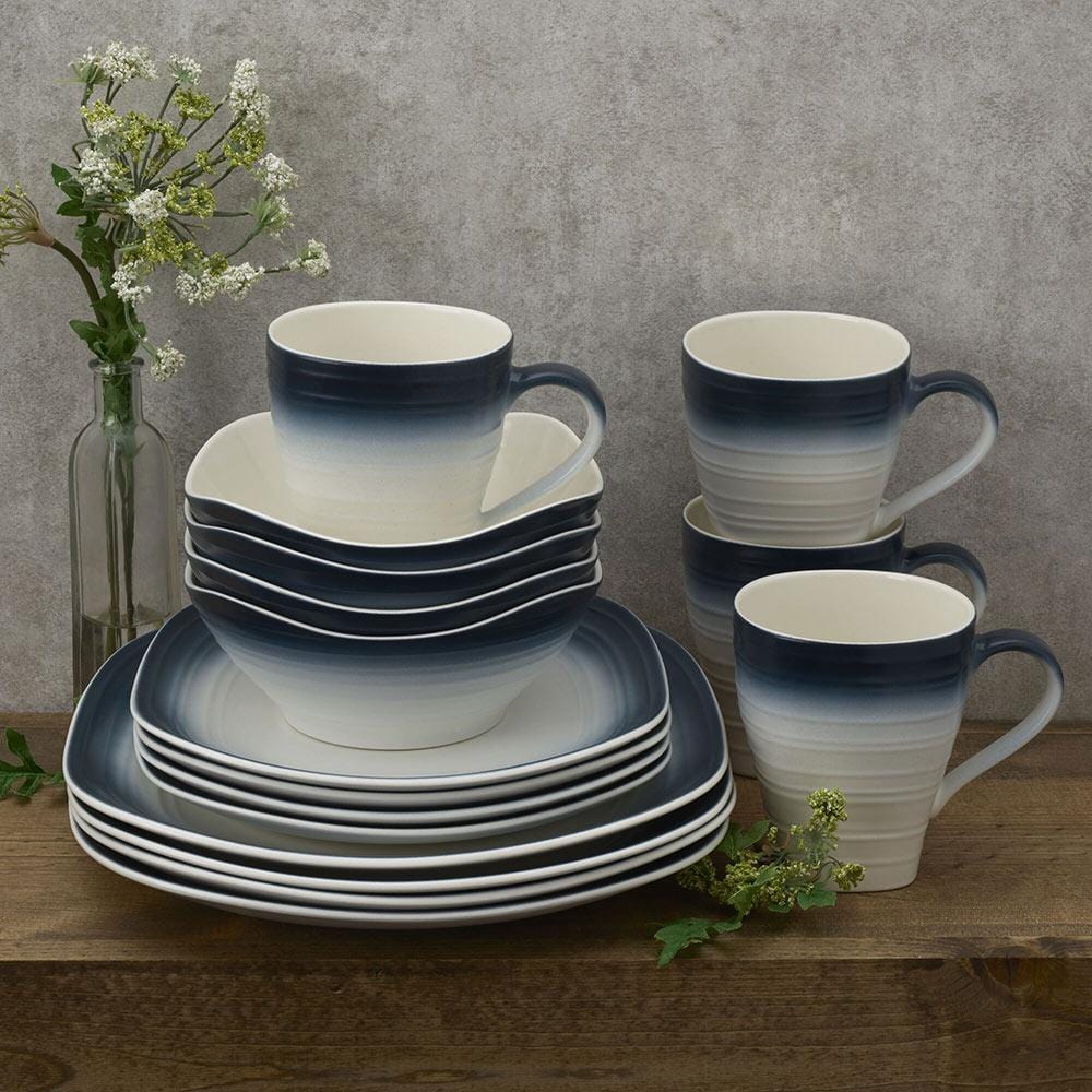 Swirl Ombre Blue Square 16 Piece Dinnerware Set, Service for 4