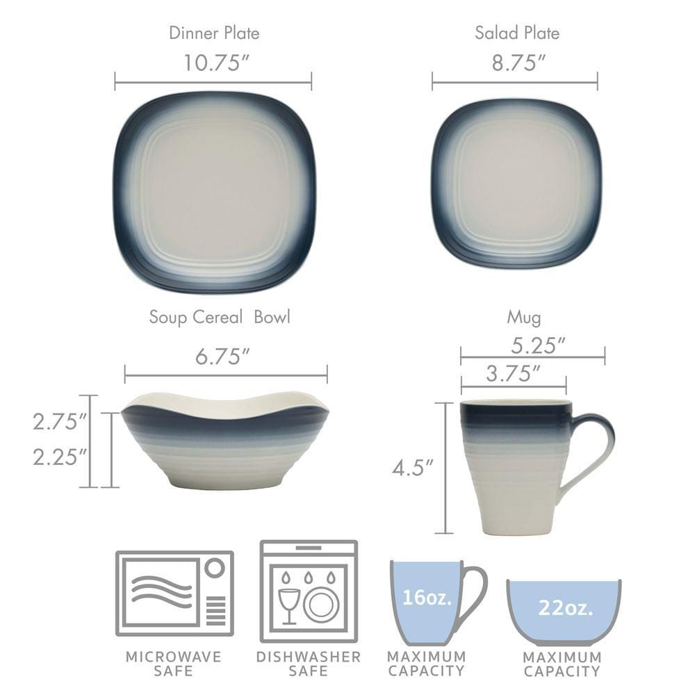 Swirl Ombre Blue Square 16 Piece Dinnerware Set, Service for 4