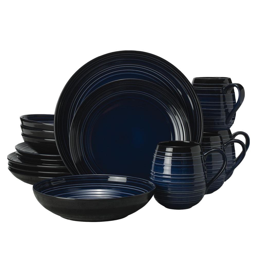 Swirl Black Coupe with Cobalt Ombre Accent 16 Piece Dinnerware Set, Service for 4