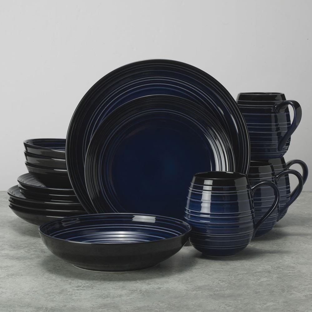 Swirl Black Coupe with Cobalt Ombre Accent 16 Piece Dinnerware Set, Service for 4