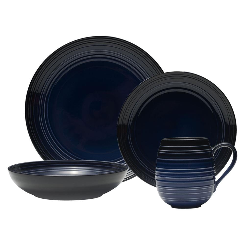Swirl Black Coupe with Cobalt Ombre Accent 16 Piece Dinnerware Set, Service for 4