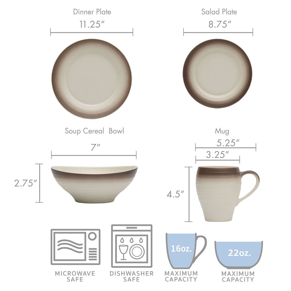 Swirl Ombre Mocha 16 Piece Dinnerware Set, Service for 4