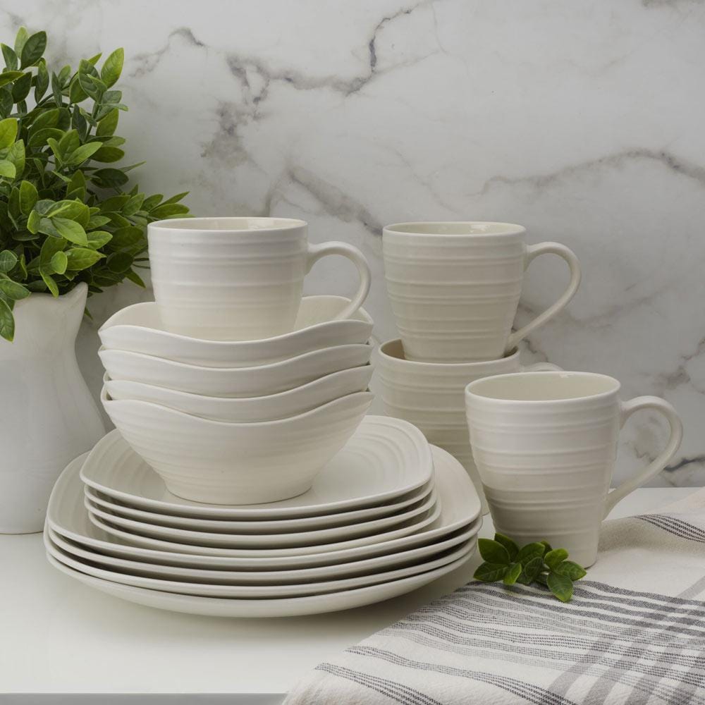 Swirl White Square 16 Piece Dinnerware Set, Service for 4