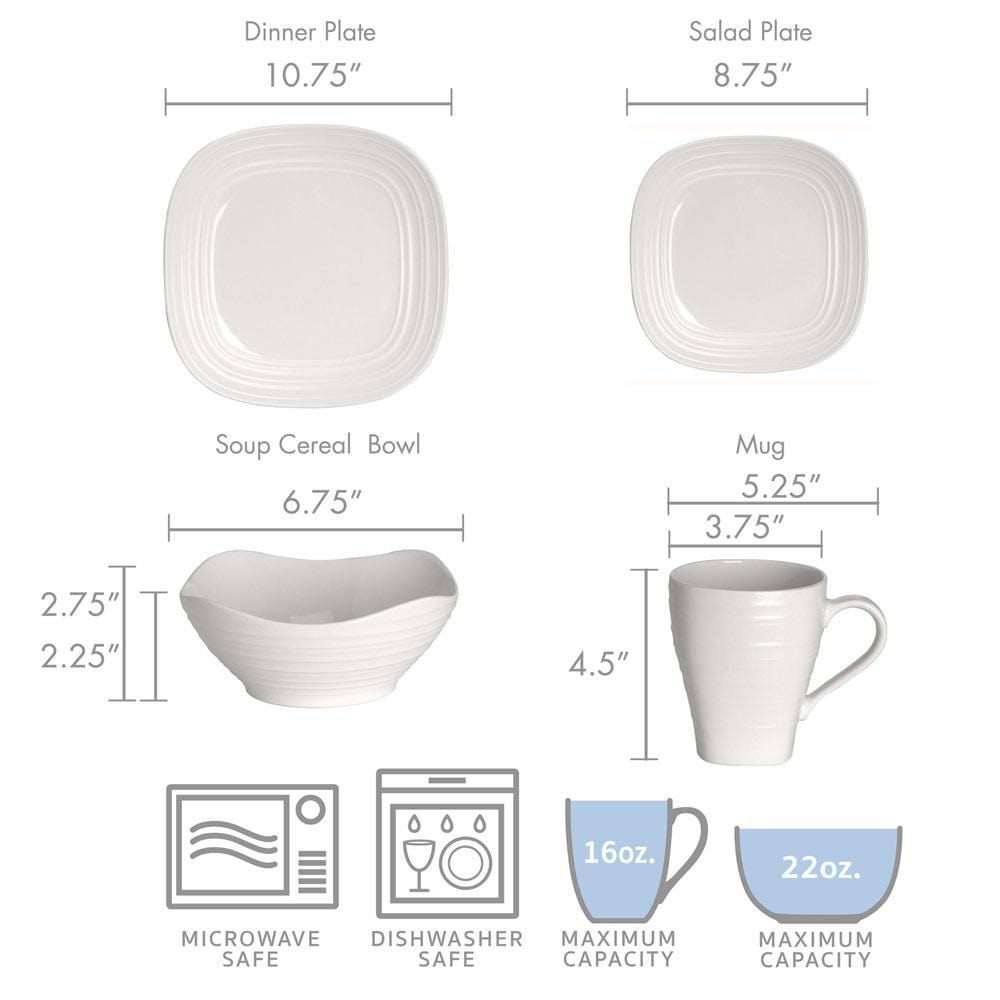 Swirl White Square 16 Piece Dinnerware Set, Service for 4