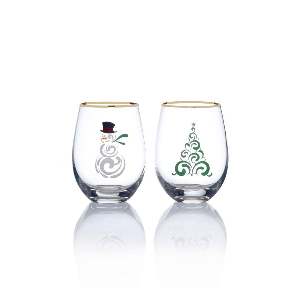Stemless Gifts Tree and Snowman Stemless Wine Set of 2